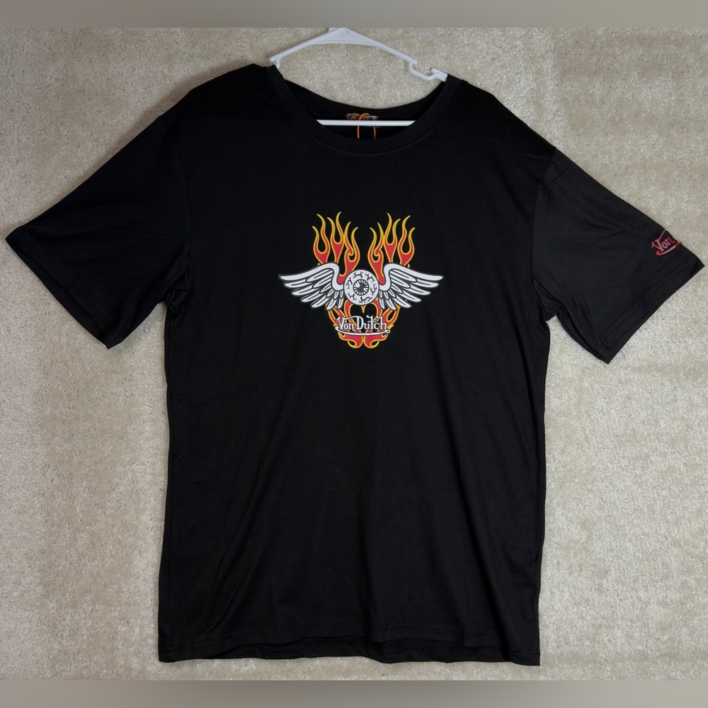 Von Dutch Black Tee with Winged Eyeball and Red-Yellow Flames